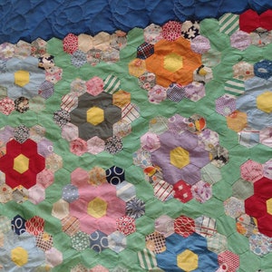 Scrap Grandmother's Flower Garden quilt top 72 x 90 Hand stitched 7.5 diameter 1.5 hexes scalloped lengths half gardens top bottom 1930s image 7