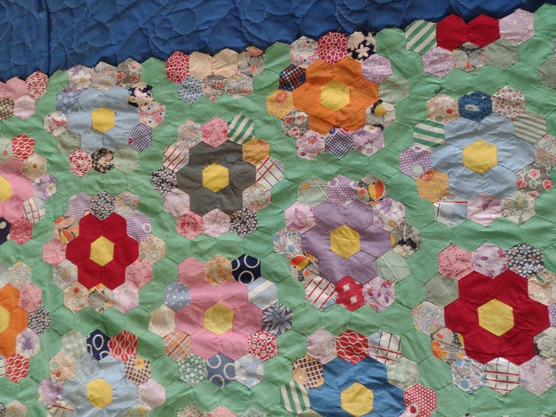 Scrap Grandmother's Flower Garden quilt top 72 x 90 Hand stitched 7.5 diameter 1.5 hexes scalloped lengths half gardens top bottom 1930s image 7