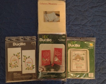 Bucilla Christmas guest towels 2 sets embroidery and Warm the Heart Sampler 11" x 14" X stitch & Creative Moments table runner X stitch 1990