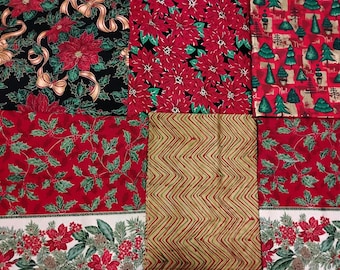 Six Christmas red, green and gold cotton fabrics bundle OTB condition