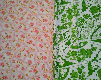 Two 1970s floral fabrics 3.5 yds. x 45&quot; cotton pink, orange & 2.5 yds. x 43&quot; synthetic green floral fan designs unwashed off bolt condition