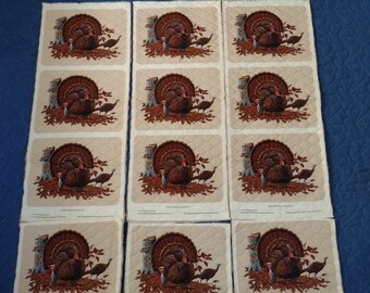 12 turkey VIP prequilted rounded placemat panels 16" L x 12.5" W 3 sets of 3 & 3 separate. Tom Turkey and mate. Needs 2 yds. bias tape each.