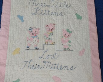 Baby quilt Three Little Kittens 39" x 53" kit quilt 1940s hand embroidered, appliqued and quilted. cotton fabrics & batting few light stains