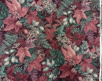 Joan Messmore floral fabric 6 yds. x 43" VIP large scale flowers shades of red w. greenery 17.5" repeat cotton off-the-bolt condition 1990s