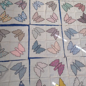 12 Butterfly quilt blocks 17.5-18&quot; square hand pieced and blanket stitch embroidered cotton fabrics on muslin. Many fabric repeats unwashed