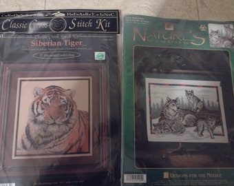 2 Tiger wolf counted cross stitch kits Siberian Tiger 10.7" wide x 10" Cross My Heart (1996) & Wolf Family 12" x 16" Dimensions Complete USA