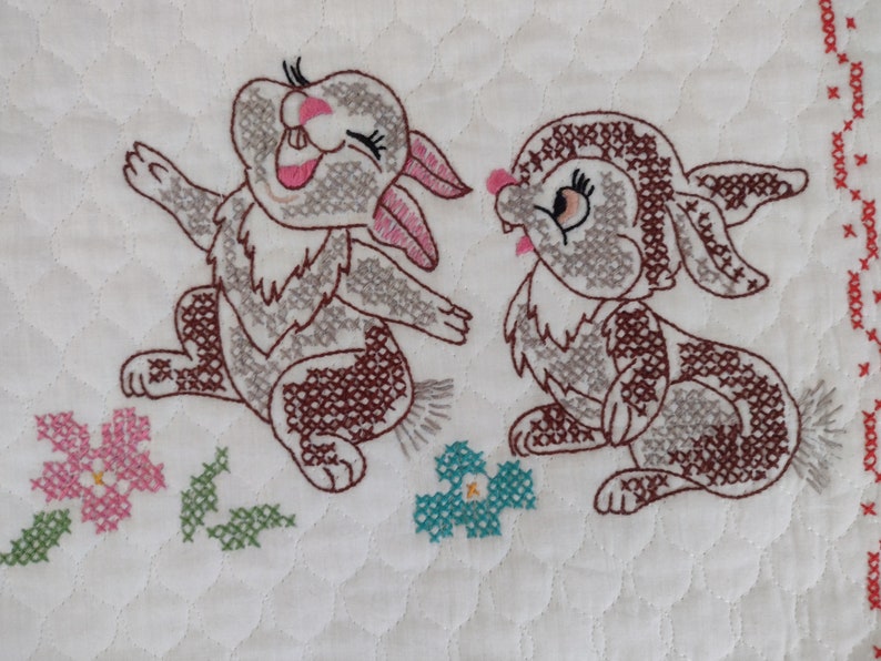 Bambi quilt hand cross stitched from Paragon kit 1970s 35 x 45 Bambi, The Owl, Flower & Thumper Very good condition quilt or wall hanging image 6