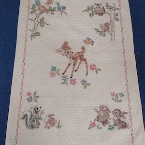 Bambi quilt hand cross stitched from Paragon kit 1970s 35 x 45 Bambi, The Owl, Flower & Thumper Very good condition quilt or wall hanging image 1