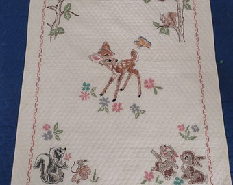 Bambi quilt hand cross stitched from Paragon kit 1970s  35" x 45" Bambi, The Owl, Flower & Thumper Very good condition quilt or wall hanging