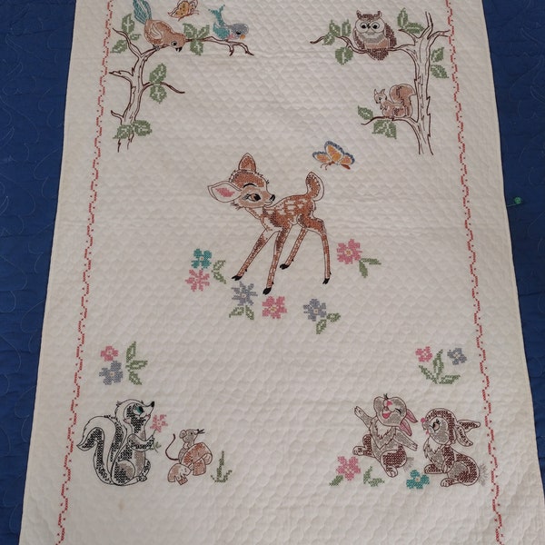 Bambi quilt hand cross stitched from Paragon kit 1970s  35" x 45" Bambi, The Owl, Flower & Thumper Very good condition quilt or wall hanging