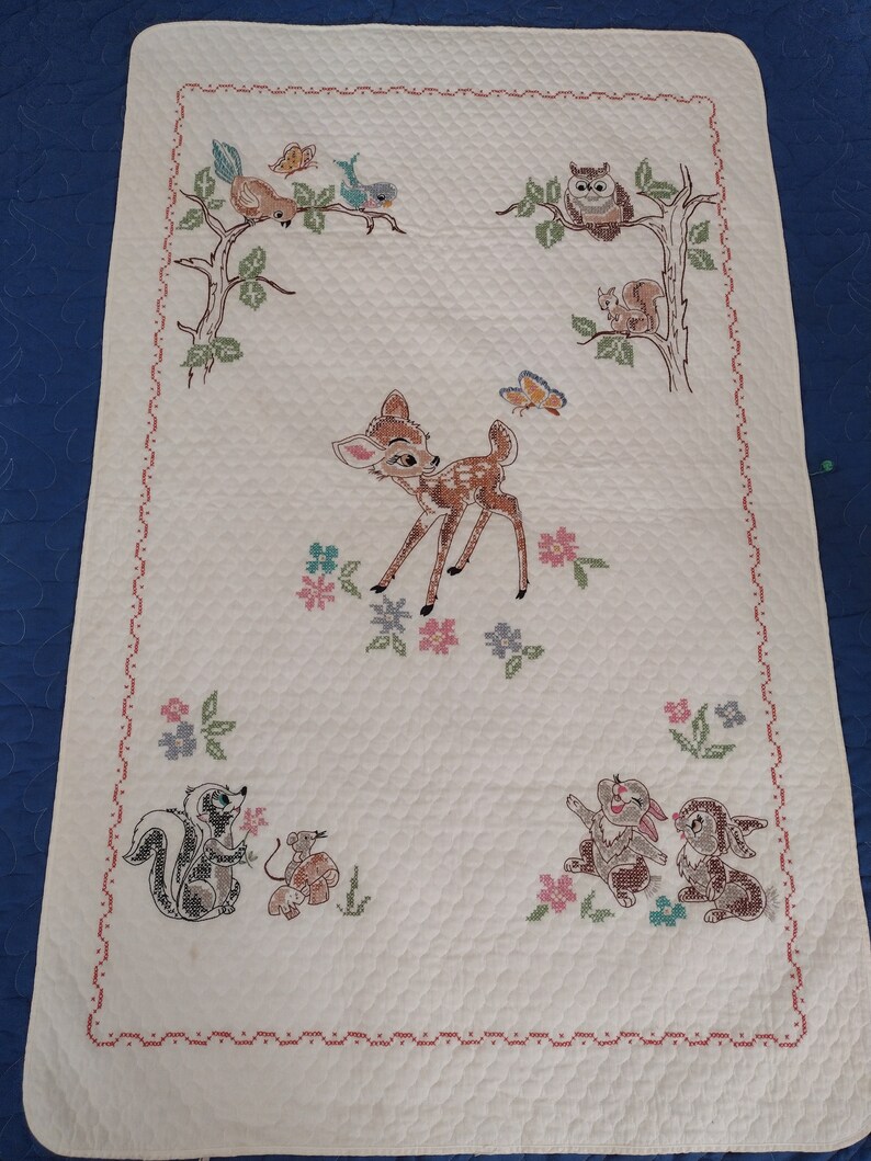 Bambi quilt hand cross stitched from Paragon kit 1970s 35 x 45 Bambi, The Owl, Flower & Thumper Very good condition quilt or wall hanging image 1