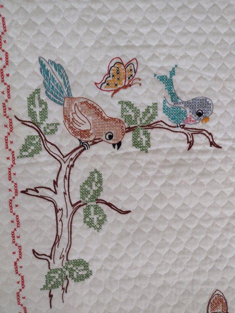 Bambi quilt hand cross stitched from Paragon kit 1970s 35 x 45 Bambi, The Owl, Flower & Thumper Very good condition quilt or wall hanging image 5