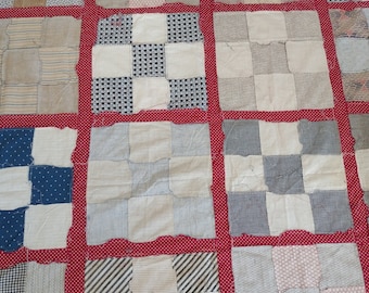 1920s quilt top 62" x 62" 13.75"  9 square blocks 4.75" squares 2" w. red sashing & 1 border. cotton half mourning, indigo, shirting fabrics