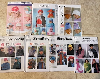 Seven hats, scarves and mitten patterns for infant, toddler, children and adults made with fleece, cotton and cotton blends complete uncut