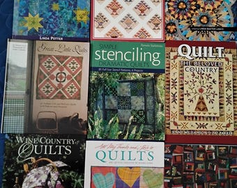 Nine quilt books:  Embellish, Small scale, Sunflowers, Little, Stencil, Japanese, Wine Country, Art & Cabin