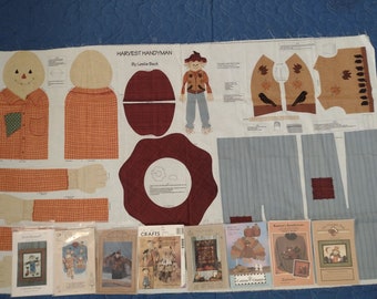 8 Autumn patterns & Harvest Handyman panel by Leslie Beck Scarecrow quilt, doll and applique patterns, Fall frolic quilt, Harvest dinner set