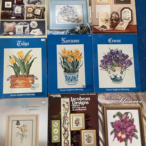 Floral counted cross stitch designs 4 booklets and 5 leaflets floral monograms, picture, Jacobean, country diary, tulips narcissus daffodil