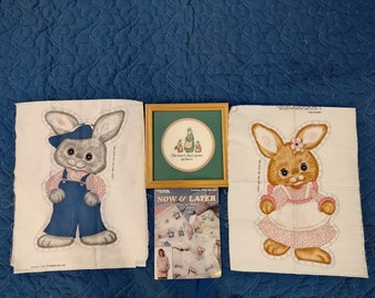 Bunny counted cross stitch framed art The heart that gathers... gives, pattern bunnies for baby & mom, Cut Sew girl/boy bunnies toy panels