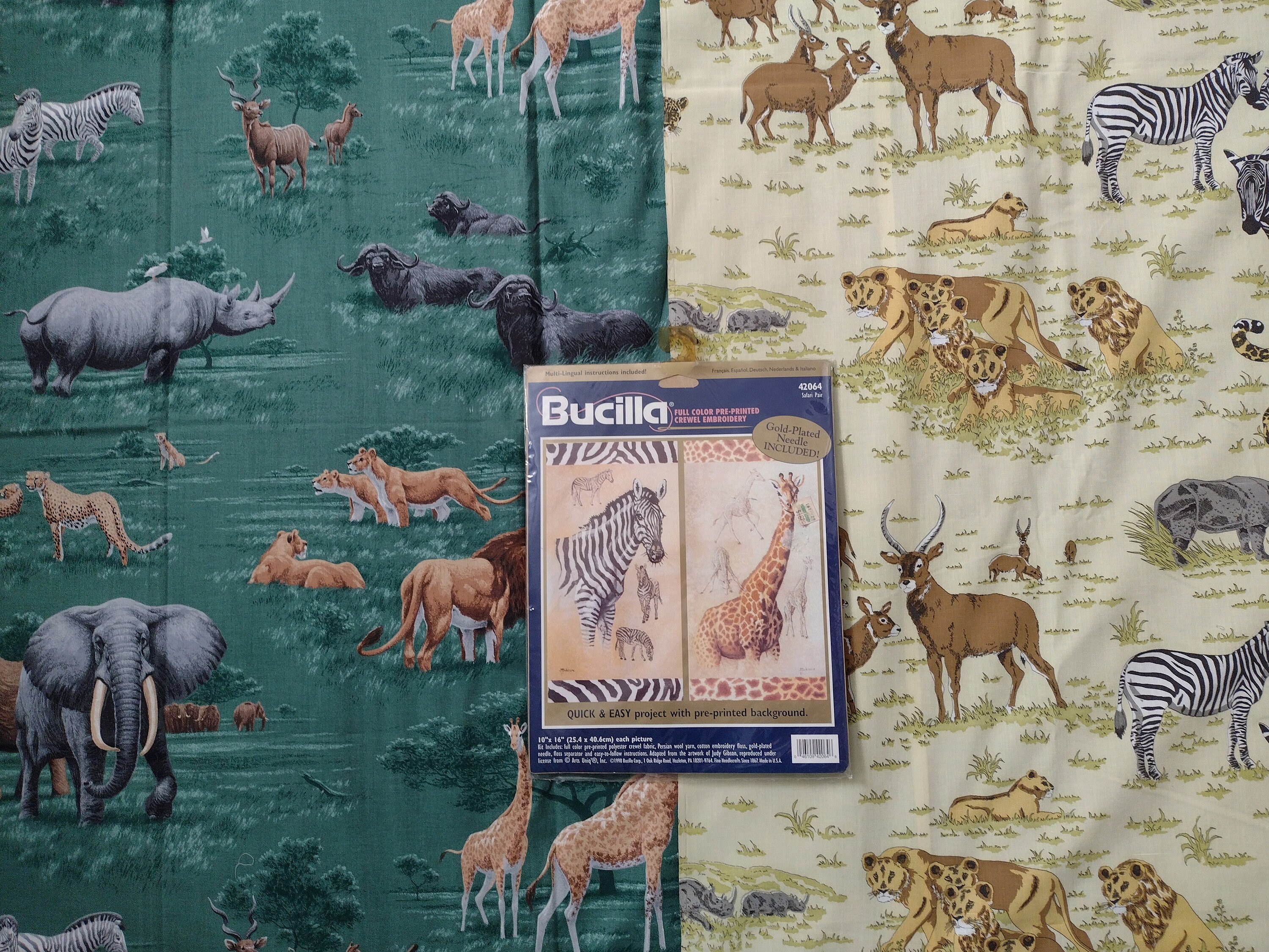 Jungle animal fabrics, crewel kit 2 yds. x 44" Joan Messmore & 2.75 yds. x 45" Bucillia Safari Pair pre-printed designs 10 x 16" unopen 1998