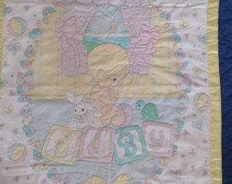 Precious Moments Our Baby fabric panel quilt 35" x 55" machine quilted poly cotton Bunny, turtle, bird butterfly yellow binding great shape