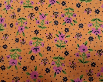 1960s John Wolf floral fabric small scale on orange background 5 yds x 44" cotton flowers alternate direction 8.5" repeat off bolt condition