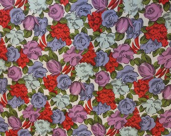 Large scale floral fabric 4 yds. x 44 18&quot; repeat H/V cotton by Crantex bright magenta, pink, light blue and red off the bolt condition 1980s