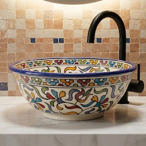 Lavabo marocain en céramique peint à la main | Lavabo de salle de bain en arabesque florale