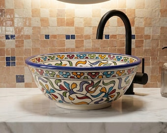 Hand-Painted Moroccan Ceramic Sink | Floral Arabesque Bathroom Vessel Basin