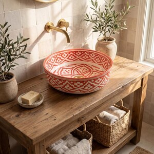 Moroccan Ceramic Vessel Sink – Handmade Hand-Painted Round Bathroom Basin | Red Artisan Wash Basin
