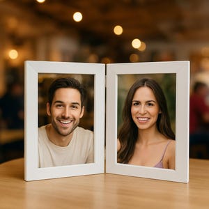 May include: A white, hinged picture frame showing two smiling people. The frame is made of wood and rests on a wooden table. The background is blurred, with warm lighting.