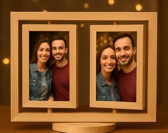 Draaibare houten dubbele fotolijst | 4-zijdige afbeeldingsdisplay | Aangepaste fotolijst voor 4 personen | Draaibaar houten bureauframe | Gepersonaliseerd cadeau voor thuis