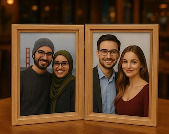 Houten scharnierende fotolijst | Gepersonaliseerd cadeau voor dubbele afbeelding