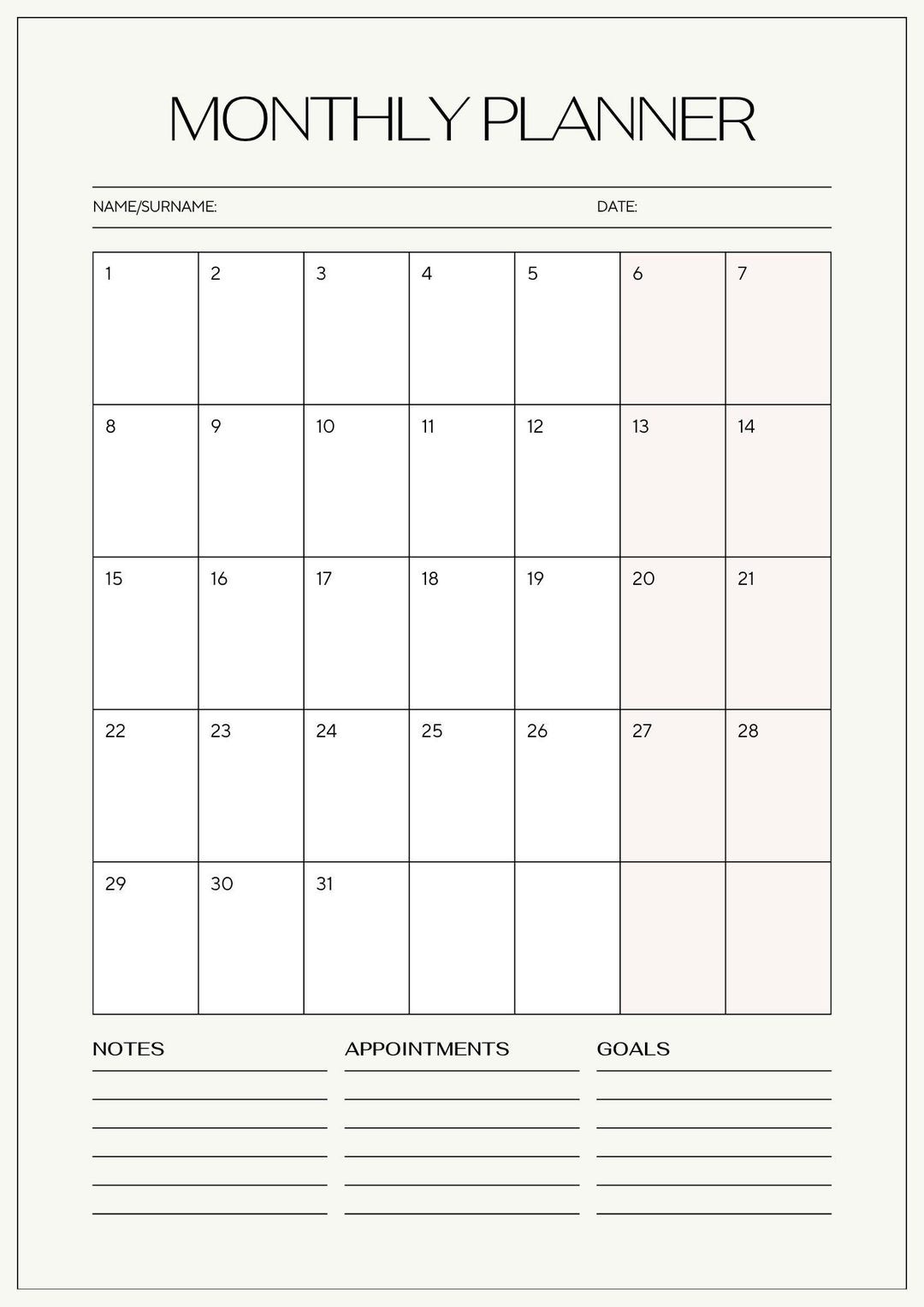 Beige Monthly Planner Printable - Undated, Minimalist Design (PDF) - Etsy