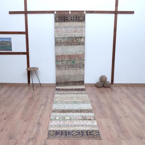 Vintage Oushak Wool Patchwork Long Runner 2x14 ft, Blue beşge Colorful