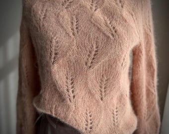 Handmade Alpaca Silk Seamless Sweater: Airy Lace Pattern, Soft Knit, Relaxed Fit (M)