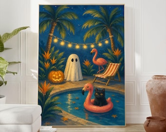 Tropical Halloween Ghost & Black Cat Wall Art, Summerween Pool Party Decor, Flamingo Halloween Canvas, Spooky Cute Coastal Poster