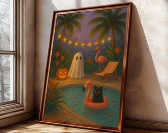 Summerween Ghost and Black Cat Canvas – Whimsigoth Wall Art, Spooky Cute Pool Party Decor, Unframed Halloween Poster