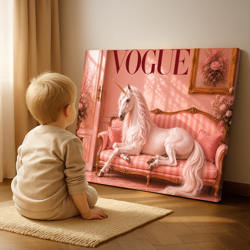 May include: A canvas print featuring a pink unicorn reclining on a pink striped sofa, with the word "VOGUE" at the top. The image is set against a pink backdrop with floral accents. A child is looking at the print.