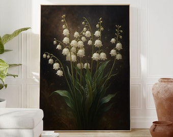 Lilies of the Valley Canvas – Dark Moody Floral Wall Art, Vintage Still Life Flower Painting, Antique Oil Art, Dark Academia Decor