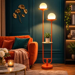 Orange Double Globe Floor Lamp with Shelf, Dimmable 2 Light Mid Century Standing Lamp for Living Room Bedroom, Foot Switch
