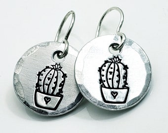 Cactus Earrings, Hand Stamped Jewelry, Sterling Silver and Aluminum, Hand Stamped Jewelry, Small Dangle Earrings, Light Weight, Drop Earring