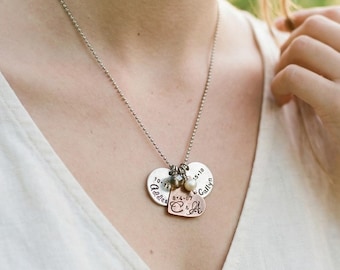 Personalized Hand Stamped Family Name Necklace: Copper Heart, Stainless Steel Chain