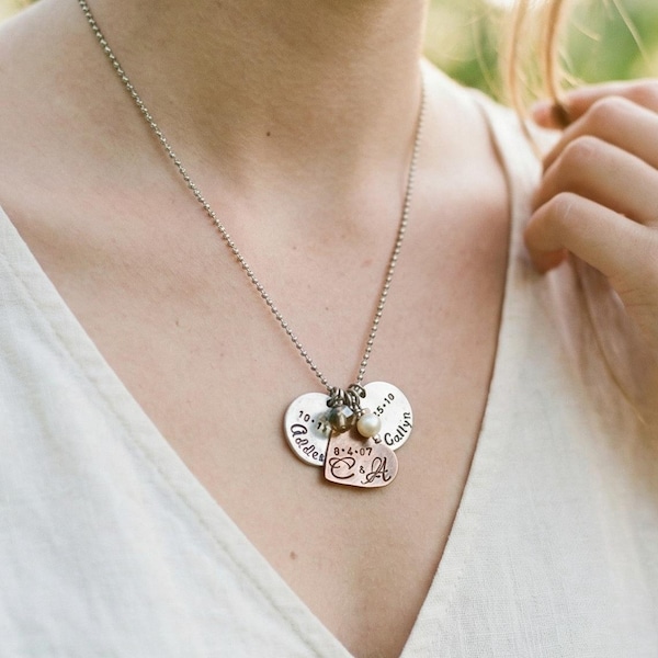 Personalized Hand Stamped Family Name Necklace: Copper Heart, Stainless Steel Chain