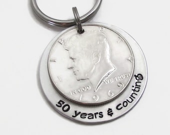 50th Anniversary Gift - Personalized KeyChain - Hand Stamped KeyChain - 50th Birthday Gift for Him 50 Years & Counting Keychain Half Dollar