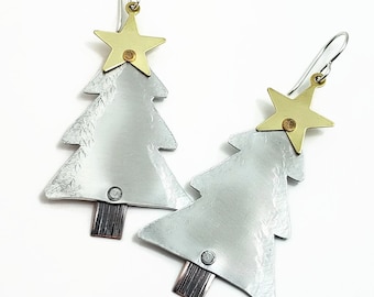 Christmas Earrings - Hand Stamped Jewelry - Sterling Silver and Aluminum - Christmas Jewelry - Mixed Metal Earrings Riveted - Christmas Tree