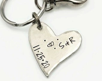 Personalized Heart Keychain, Custom Hand Stamped Couples Keychain, Valentines Gift