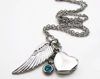 Cremation Memorial Necklace, Stainless Steel Cremation Jewelry, Angel Wing and Heart Urn Necklace, Birthstone Urn, Remembrance Necklace