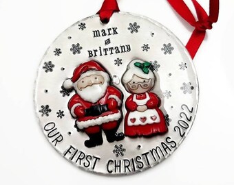 Our First Christmas Personalized Christmas Ornament, Hand Stamped Personalized Couples Ornament, Mr & Mrs Ornament, Santa and Mrs Claus Xmas