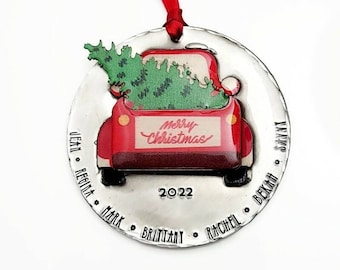 Personalized Christmas Ornament, Mixed Media Hand Stamped Personalized Ornament, Large Family Xmas Ornament, Custom Truck Holiday Decoration