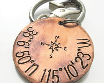 Hand Stamped Copper Coordinates Keychain, Compass Charm